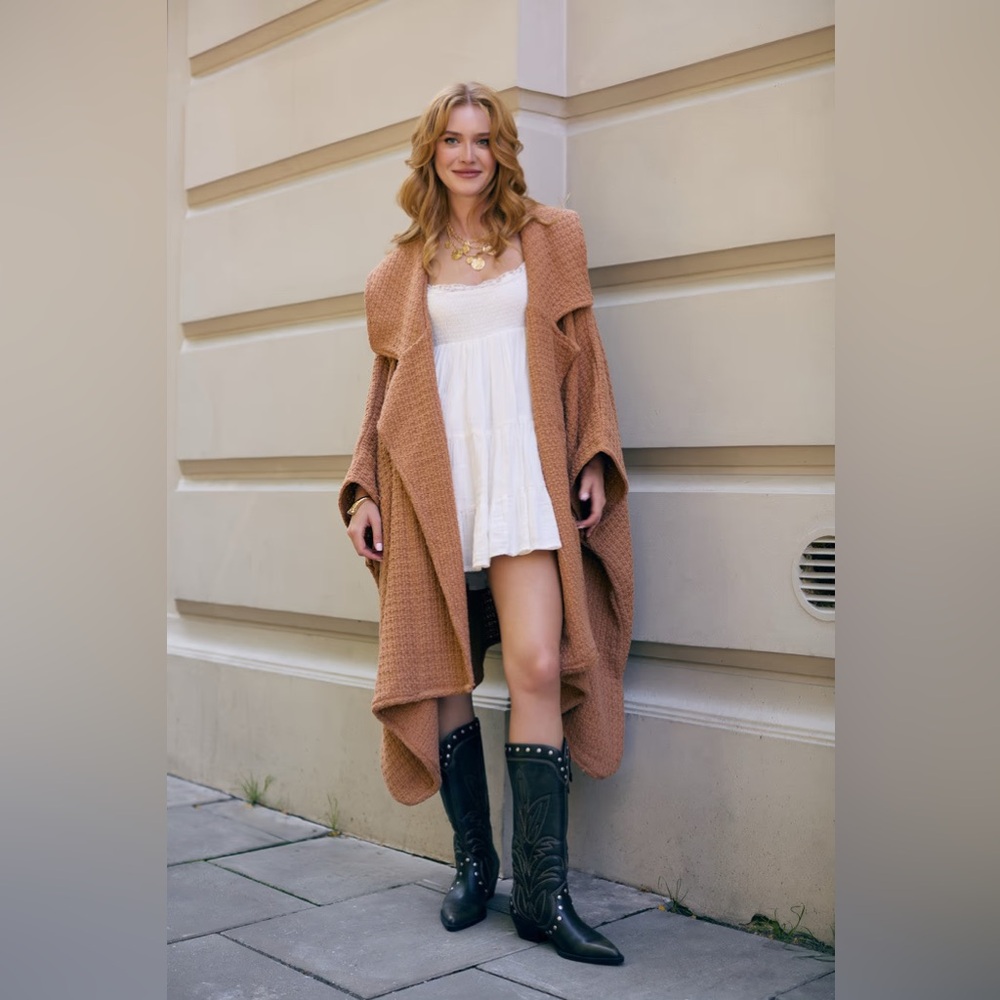 Saachi Boho Oversized Waffle Knit Camel Cardigan Coat Jacket One Size Cotton